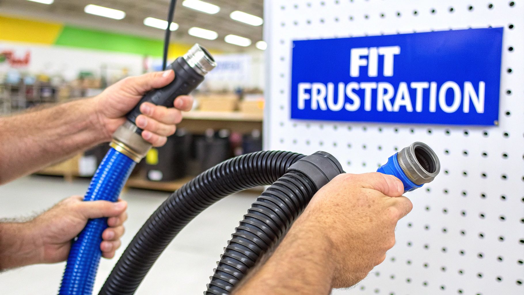 Hands struggle to connect different shop vac hose fittings, highlighting a common frustration.