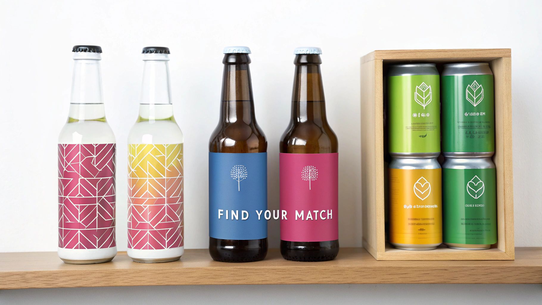 A diverse collection of colorful beverage bottles and cans, featuring geometric patterns, tree and leaf logos, neatly arranged on a wooden shelf.