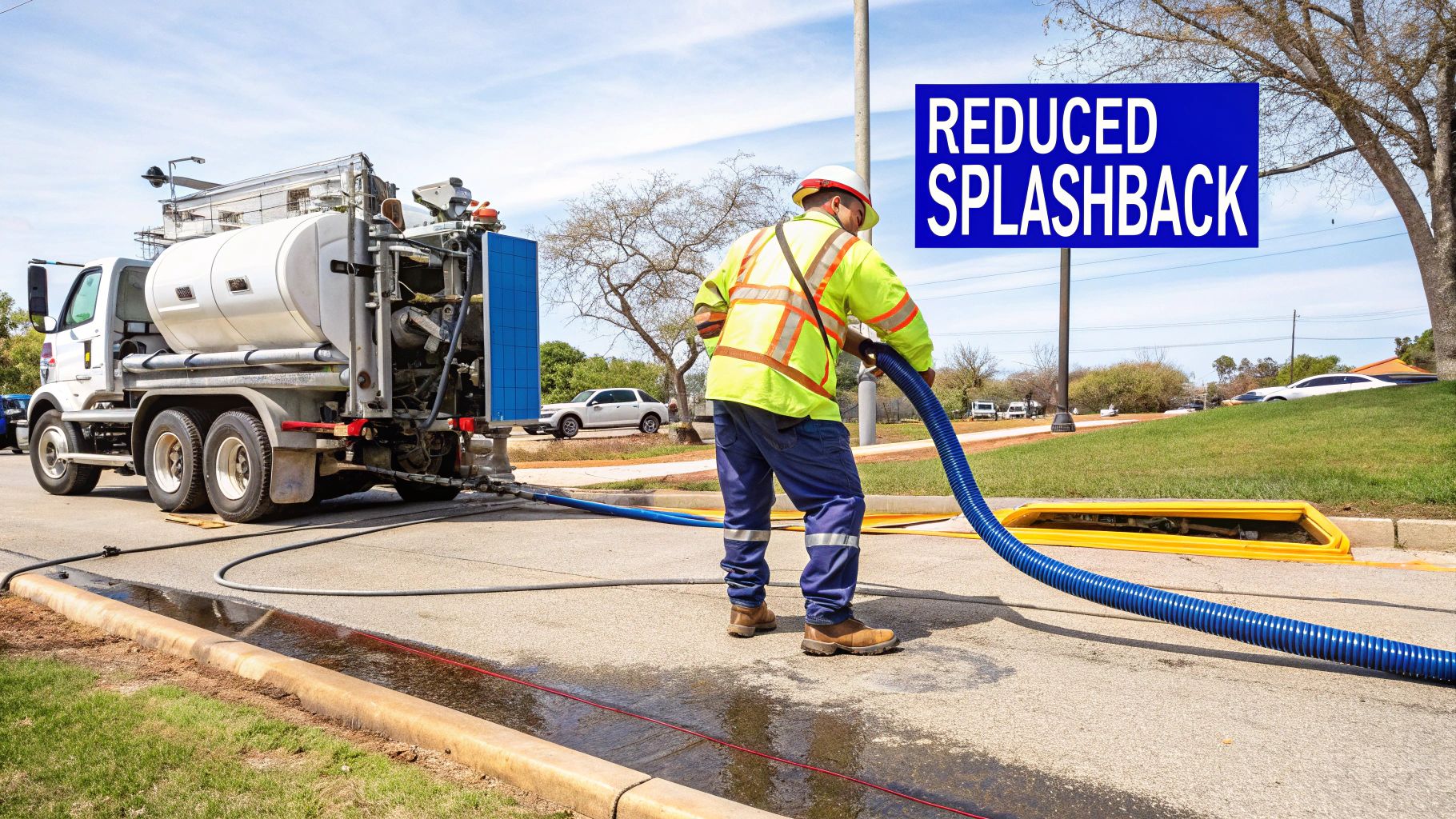 A worker operates a vacuum truck with a large blue hose to clear a street drain.