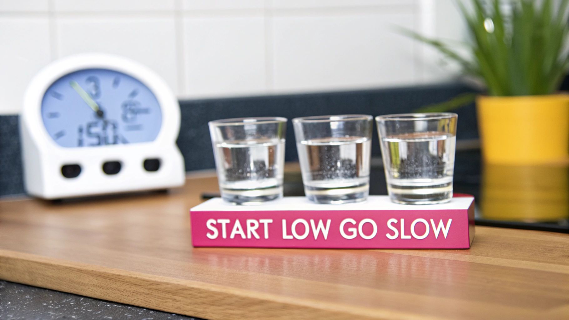 Three small glasses with liquid on a 'START LOW GO SLOW' stand, next to a timer.