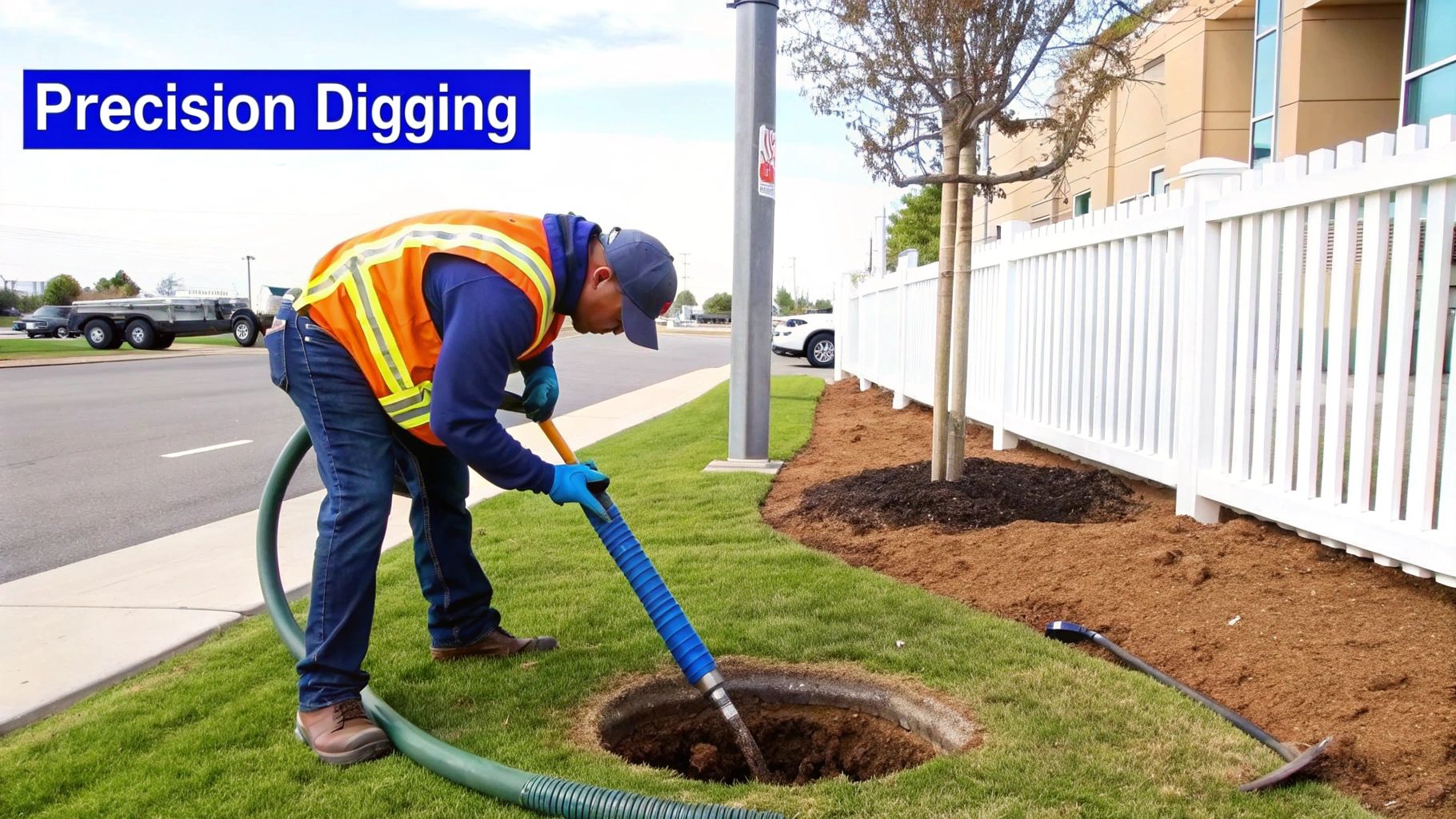 A worker in a safety vest uses a vacuum excavation tool to dig a precise hole in the ground.