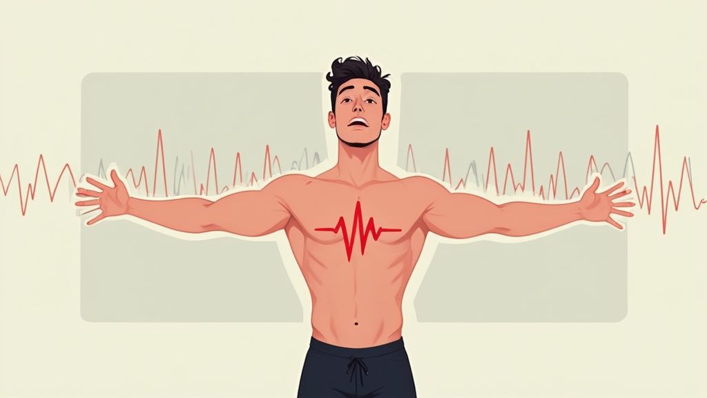an illustration of a man flexing with a heartbeat pulse line across his chest