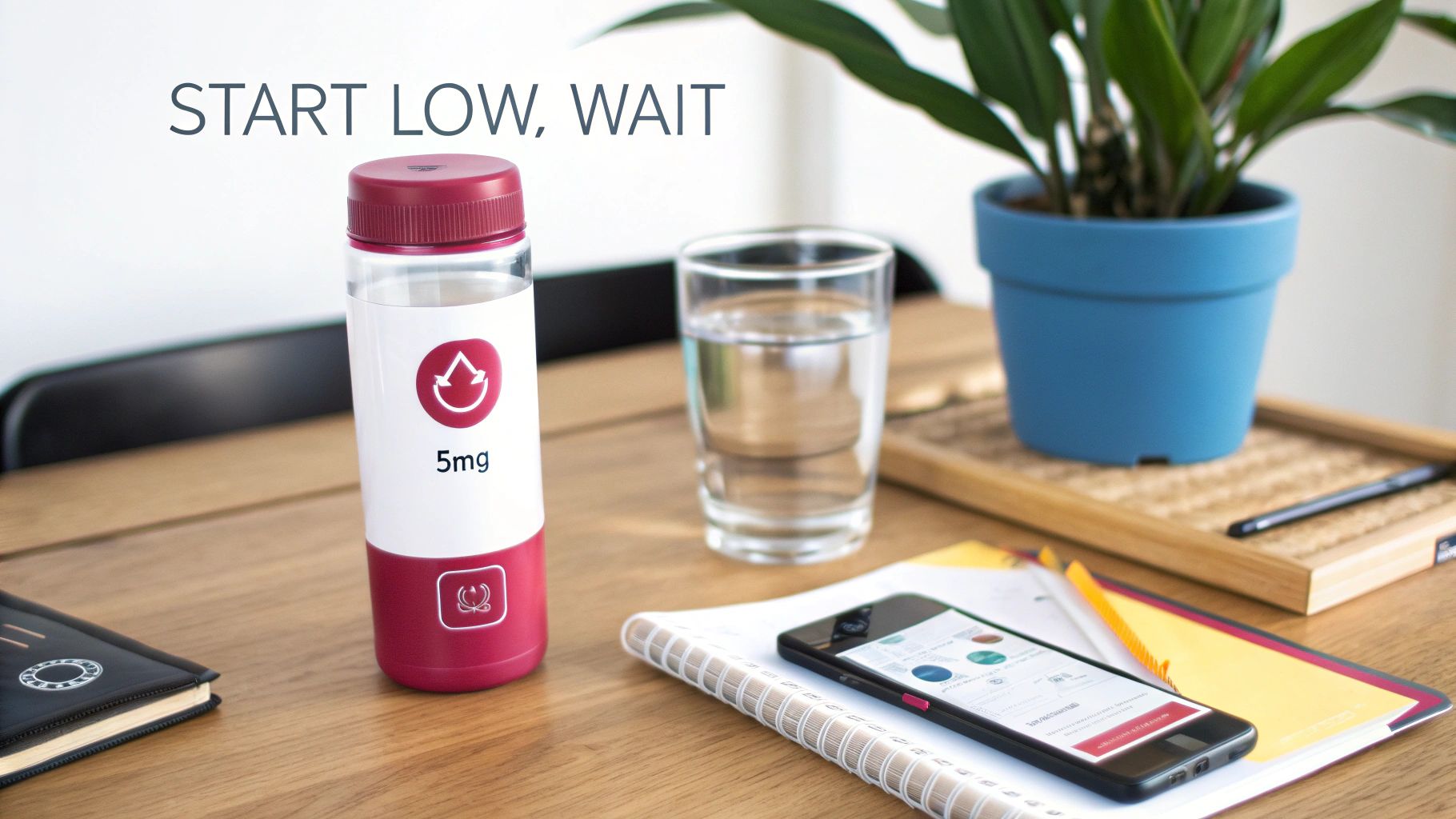 A smart bottle labeled '5mg' with water, glass, and smartphone on a desk, illustrating a controlled dosage.