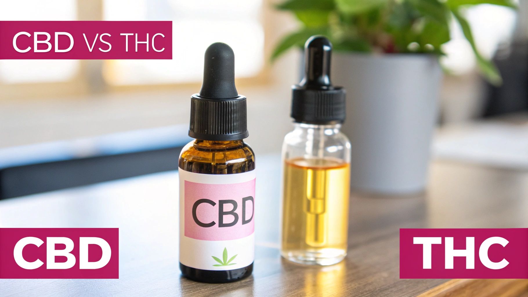 Two dropper bottles, one labeled CBD and another with golden oil, representing CBD vs THC.
