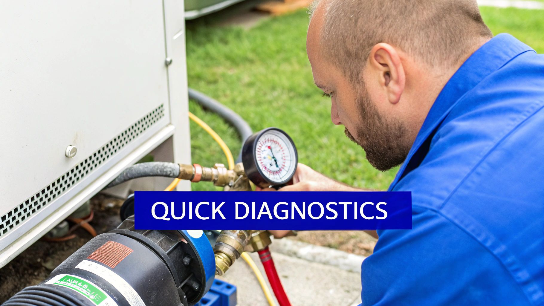 A technician in a blue uniform checks a pressure gauge on outdoor equipment for quick diagnostics.
