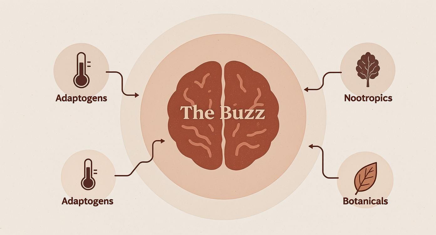 Brain illustration showing connections between adaptogens, nootropics, and botanicals for natural buzz effects
