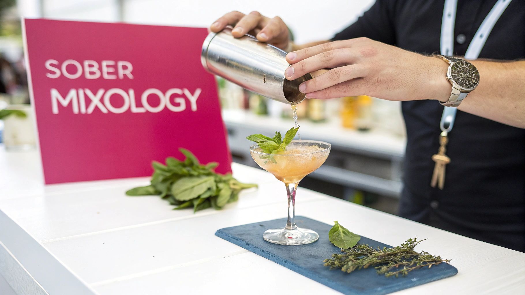 A person pours a refreshing non-alcoholic mocktail from a shaker, with a 'Sober Mixology' sign.