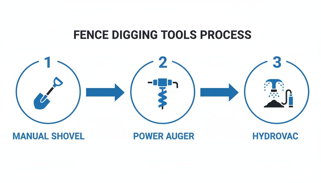 A three-step infographic showing the fence digging tools process: manual shovel, power auger, and hydrovac.