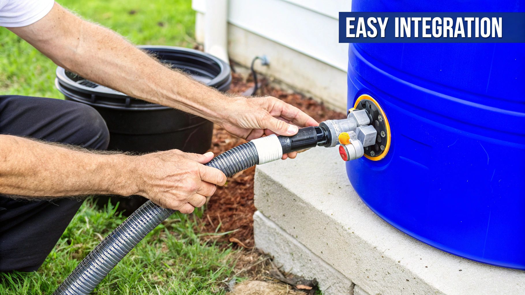 Person connecting a grey hose to a blue barrel with a valve system, emphasizing easy integration.