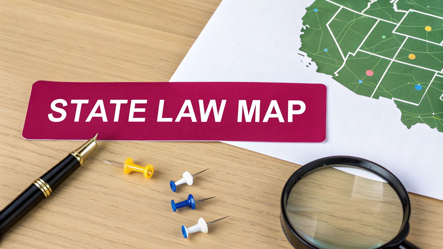 A red card labeled 'STATE LAW MAP' on a desk with a USA map, pen, and pins.