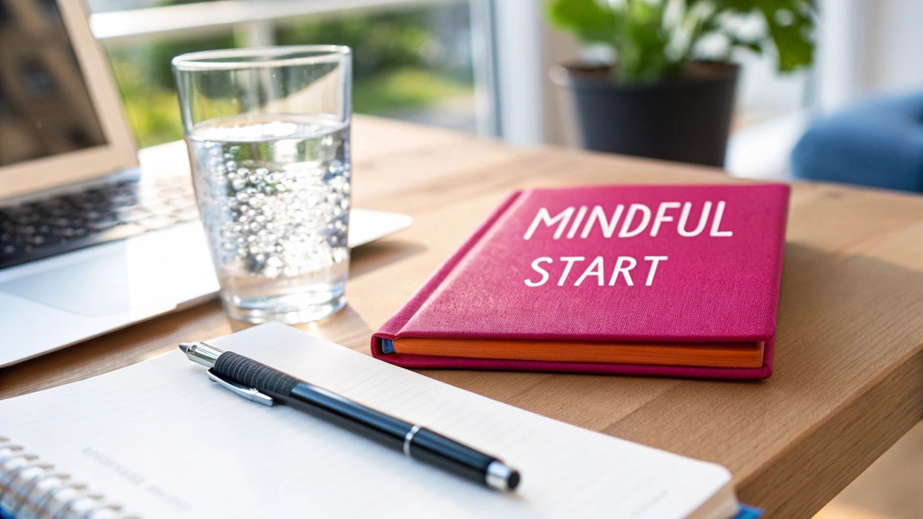 A mindful workspace with a laptop, water, pen, notebook, and a 'Mindful Start' journal.
