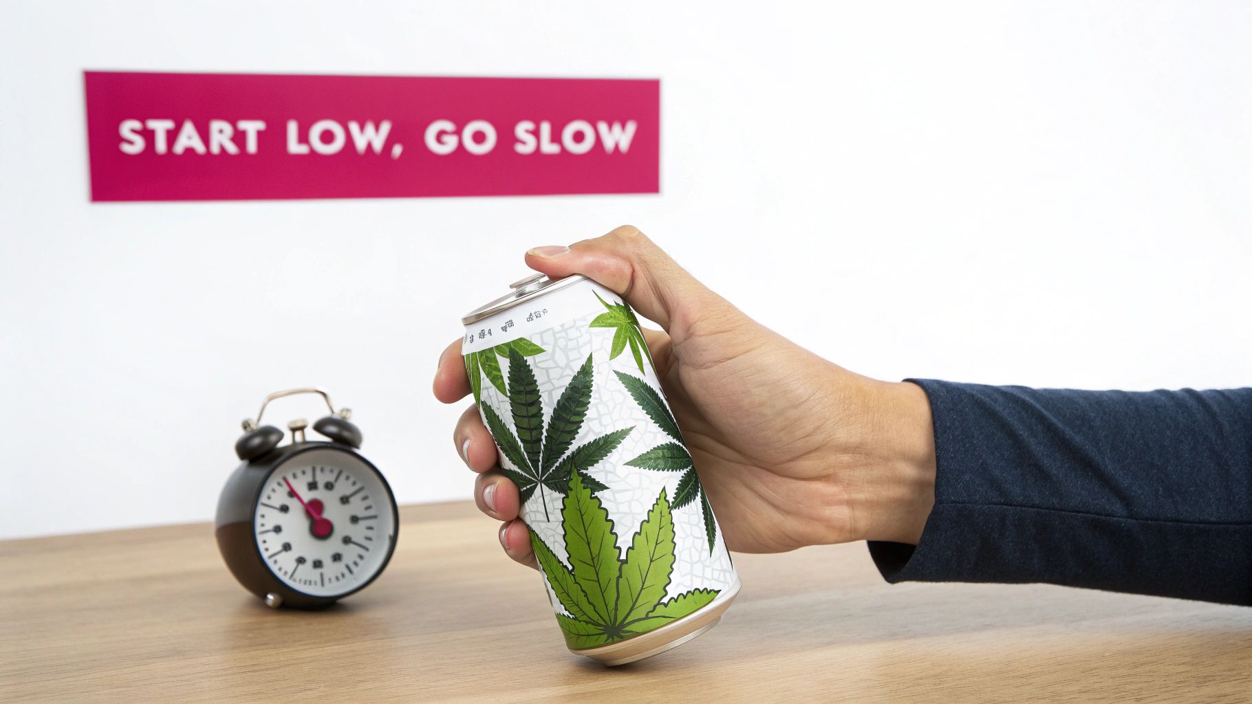 A hand opens a cannabis-infused drink can, next to an alarm clock and 'START LOW, GO SLOW' sign.