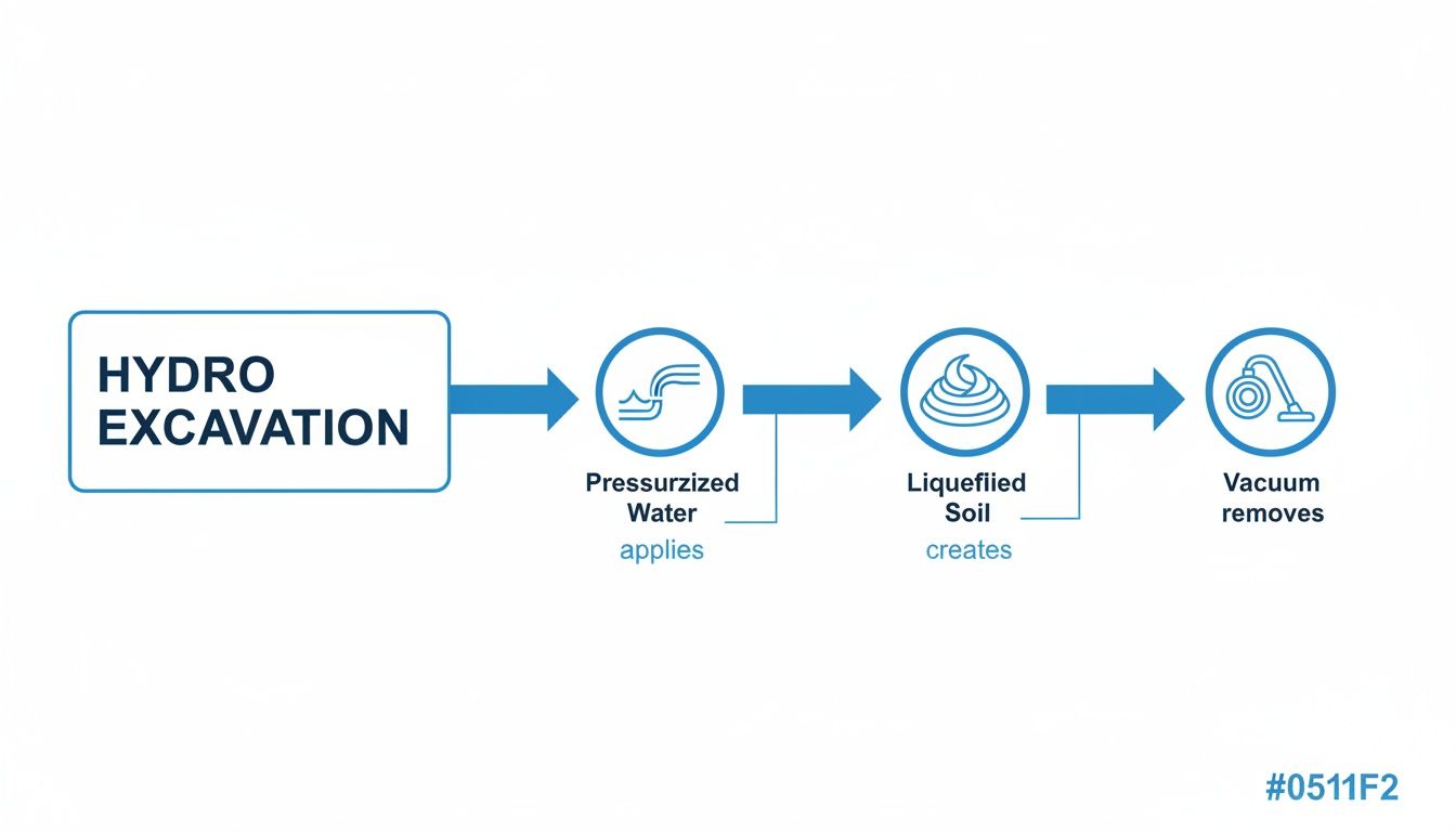 A flowchart illustrates the hydro excavation process, showing water applying, soil liquefying, and vacuum removing.