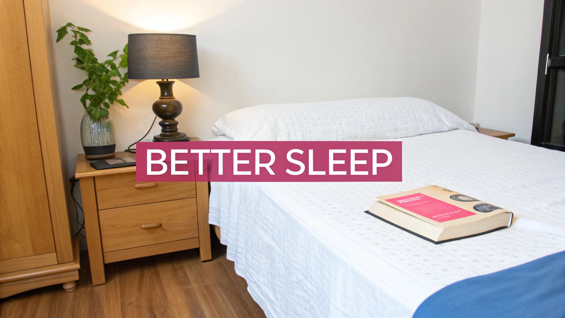 A cozy bedroom with a white bed, a wooden nightstand with a lamp, and a book, promoting better sleep.