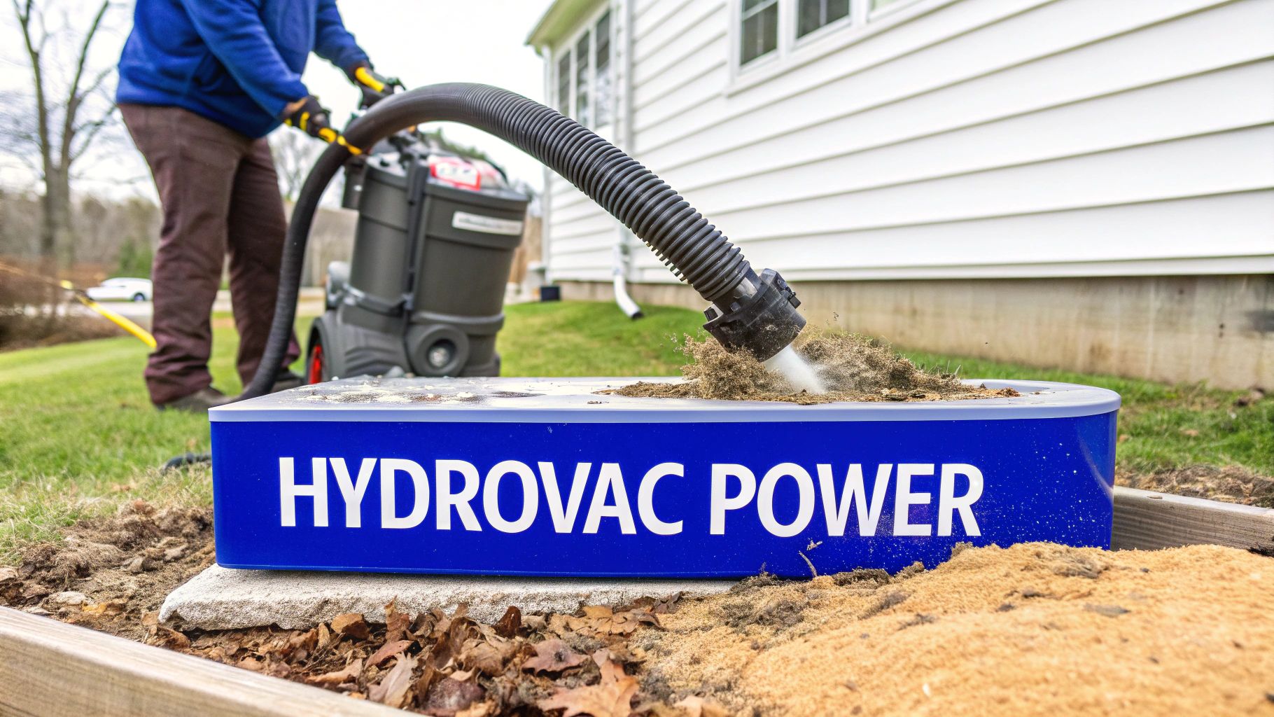 A person uses a powerful hydrovac vacuum system to remove dirt and debris from the ground.