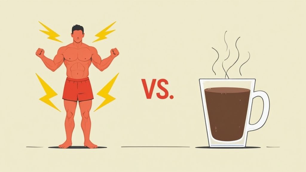 an illustration of a muscular man in red shorts flexing next to a cup of coffee with 'vs' in-between