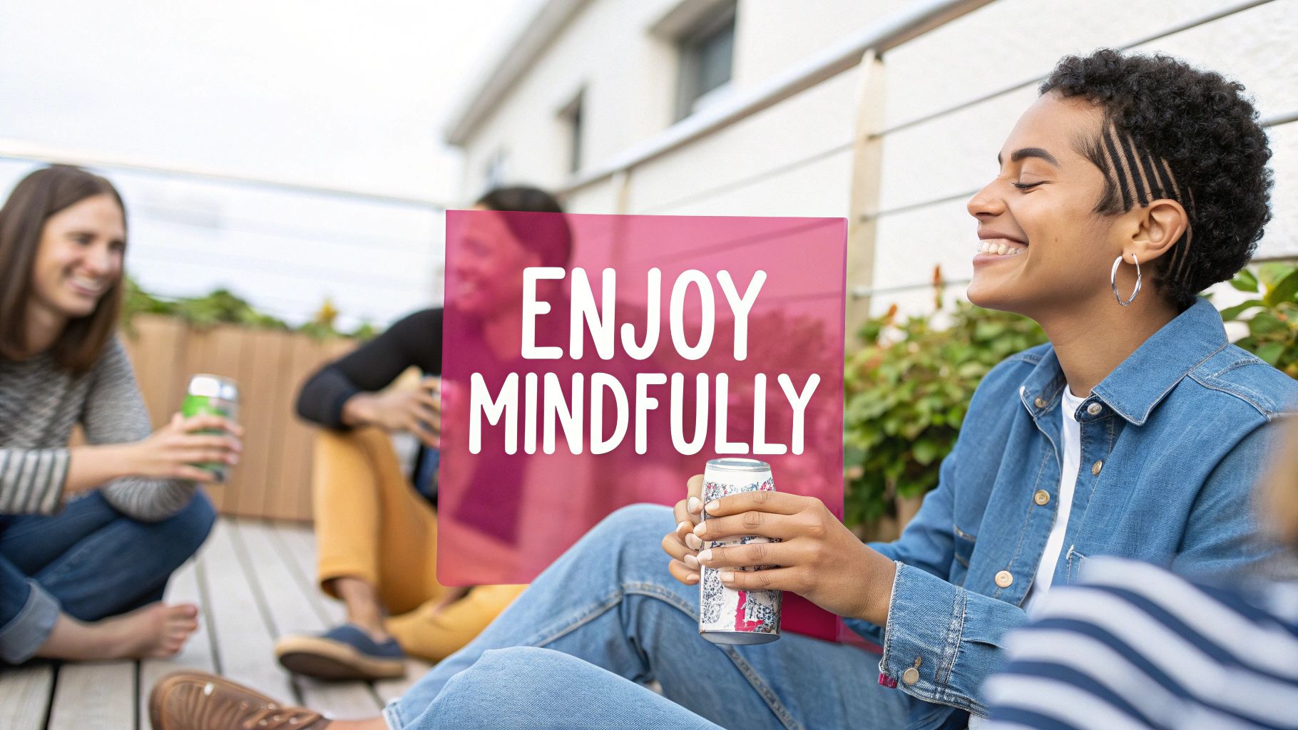 Smiling friends relaxing outdoors, mindfully enjoying beverages on a patio, with an 'Enjoy Mindfully' overlay.