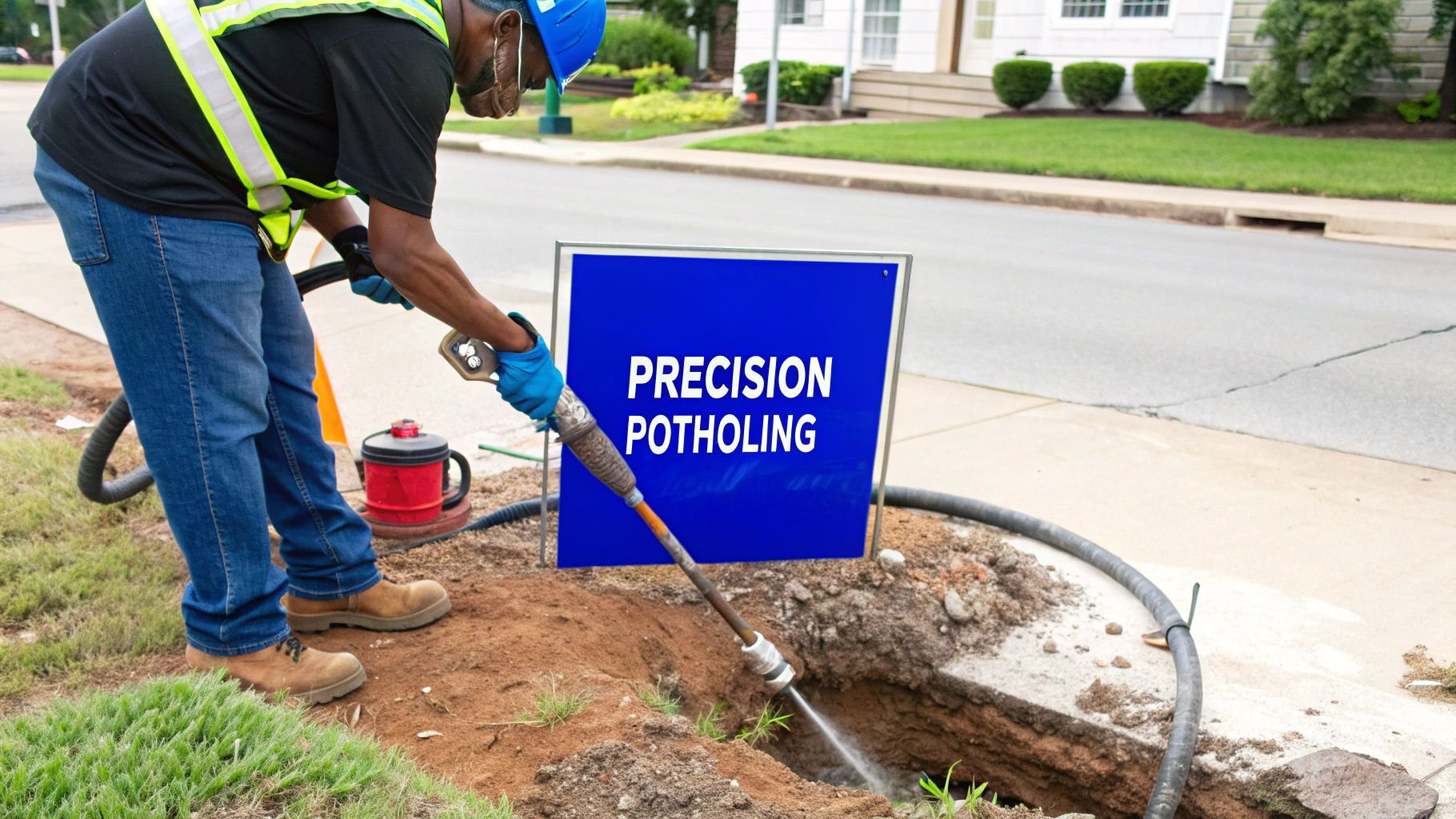 A construction worker in safety gear uses a vacuum wand for precision potholing near a blue sign.