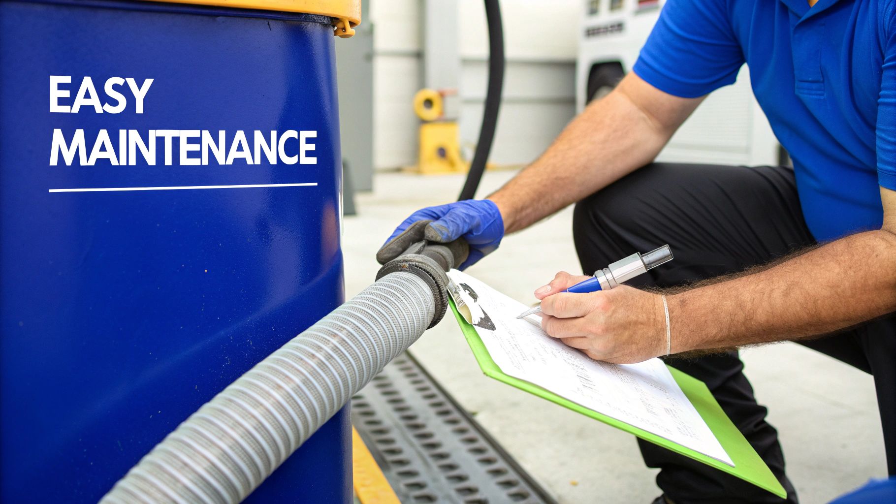 A technician inspects a vacuum hose connection on a blue industrial machine while taking notes.