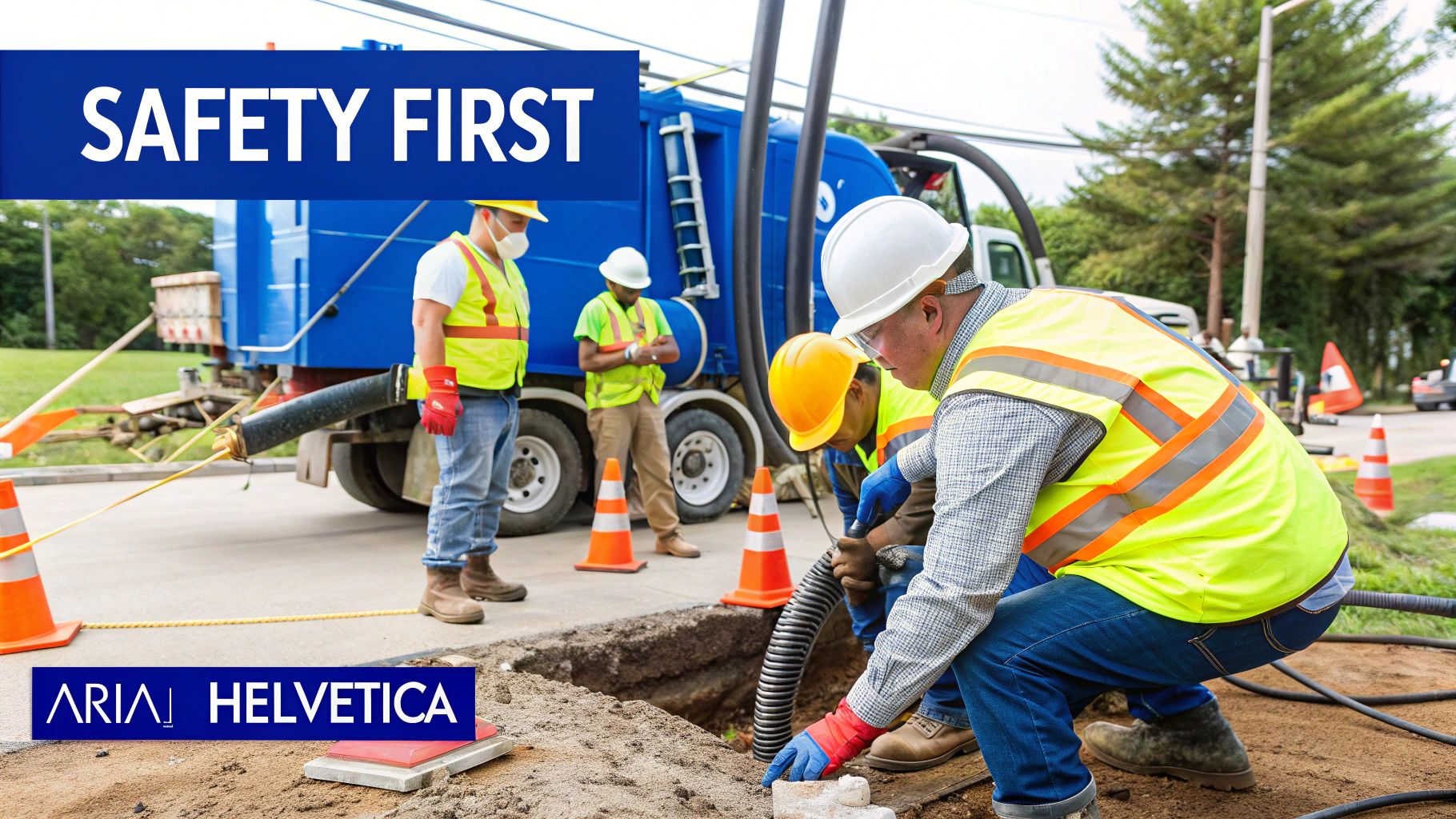 Construction workers in hard hats and safety vests excavating a trench with a blue hydro excavating truck.