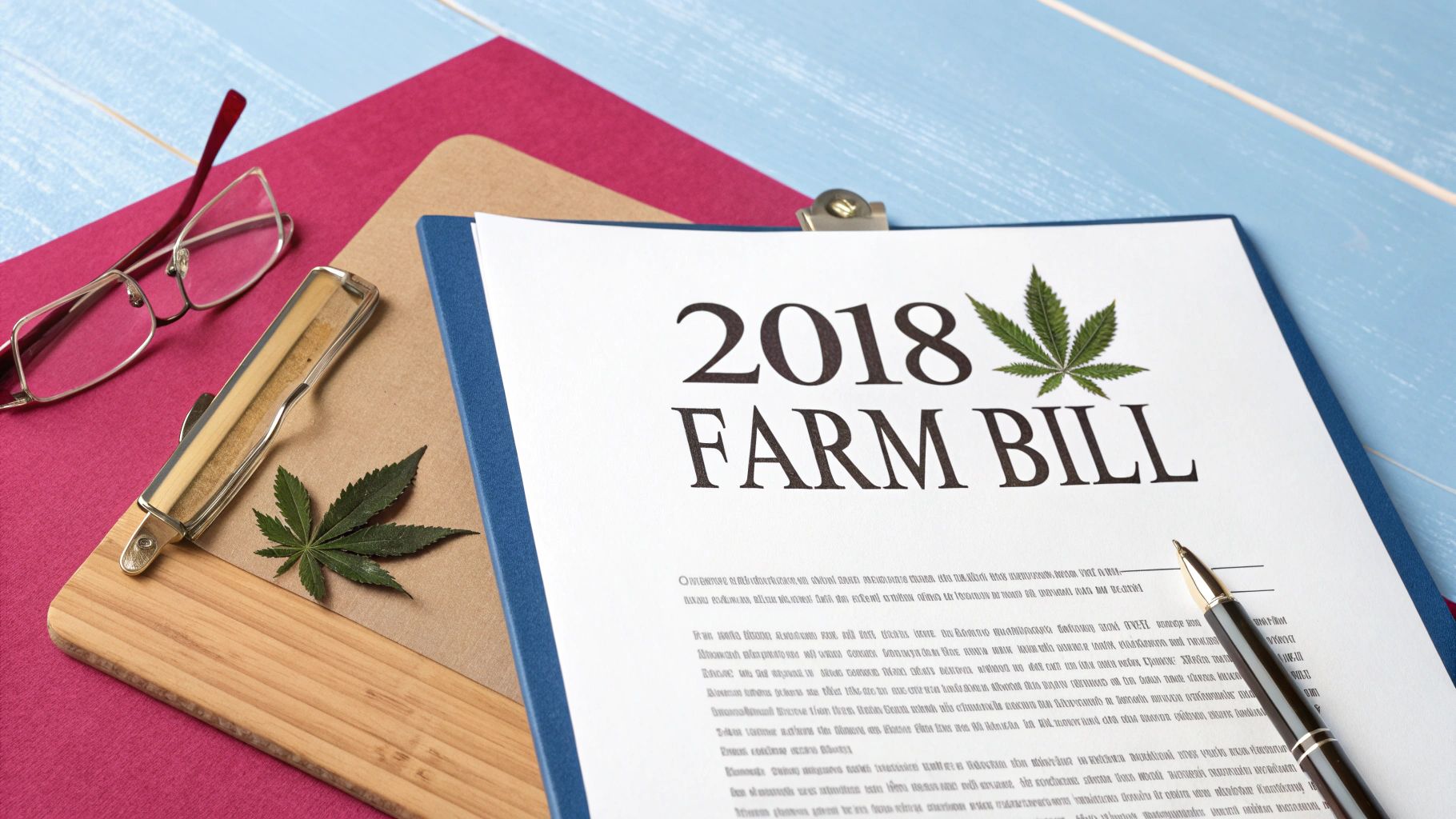 A document titled '2018 FARM BILL' with a cannabis leaf, pen, and reading glasses.