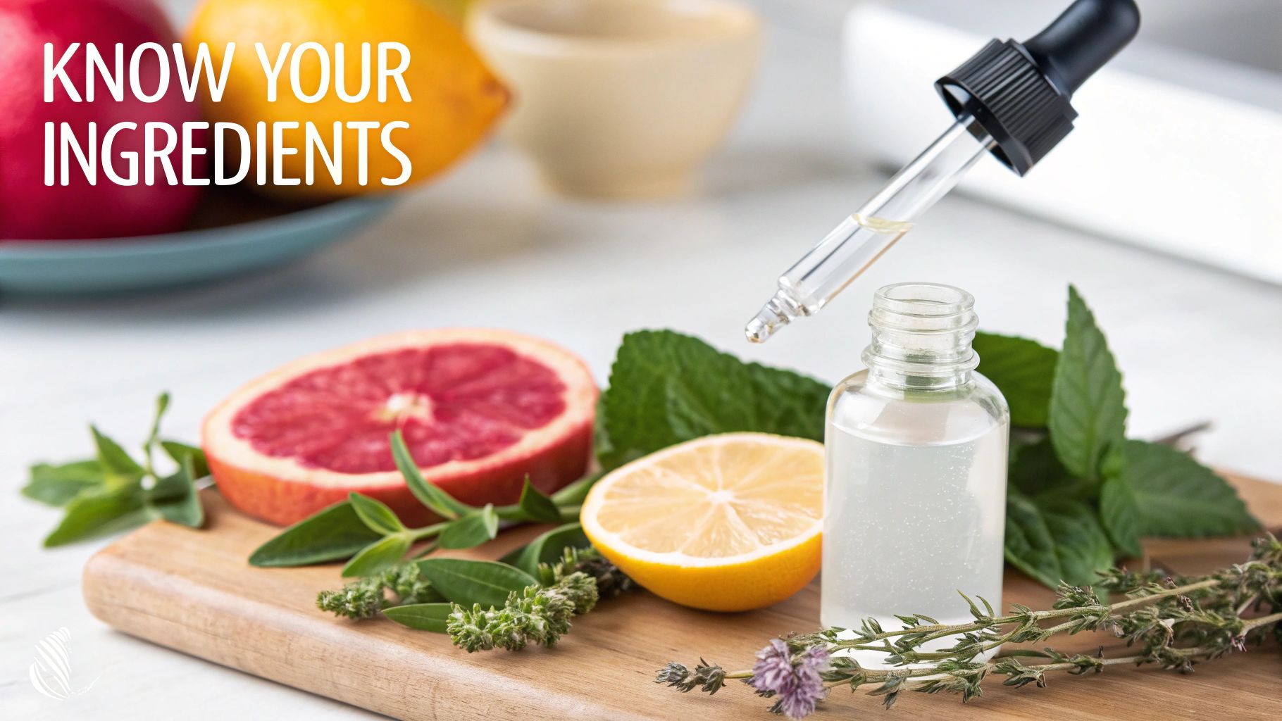 Natural ingredients including grapefruit, lemon, mint, and herbs next to an essential oil dropper bottle.