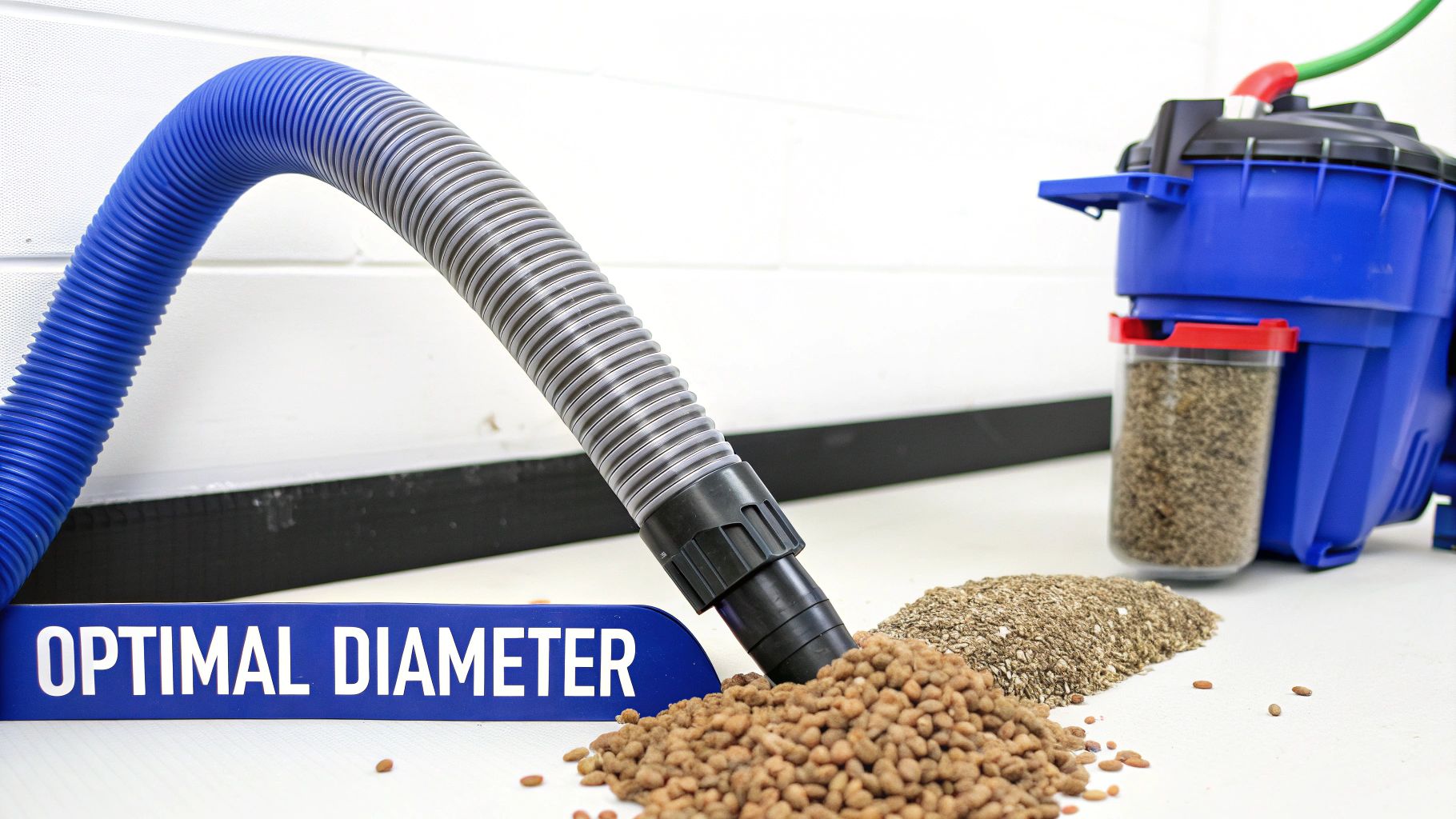 A blue and grey corrugated hose from an industrial vacuum cleaner collecting granular material.