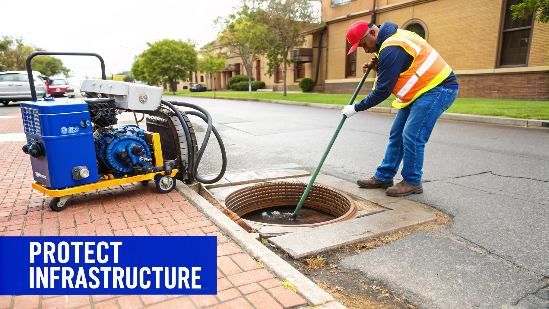 A worker in a safety vest inspects an open manhole using a tool next to a vacuum testing machine.