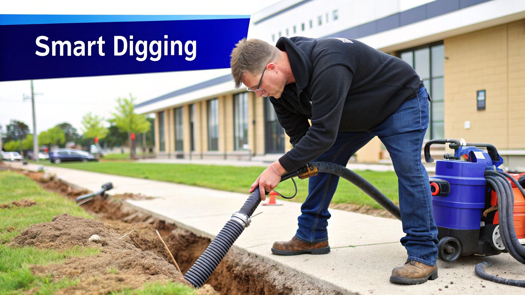 A worker uses a vacuum excavator to carefully clear dirt from a trench next to a sidewalk.