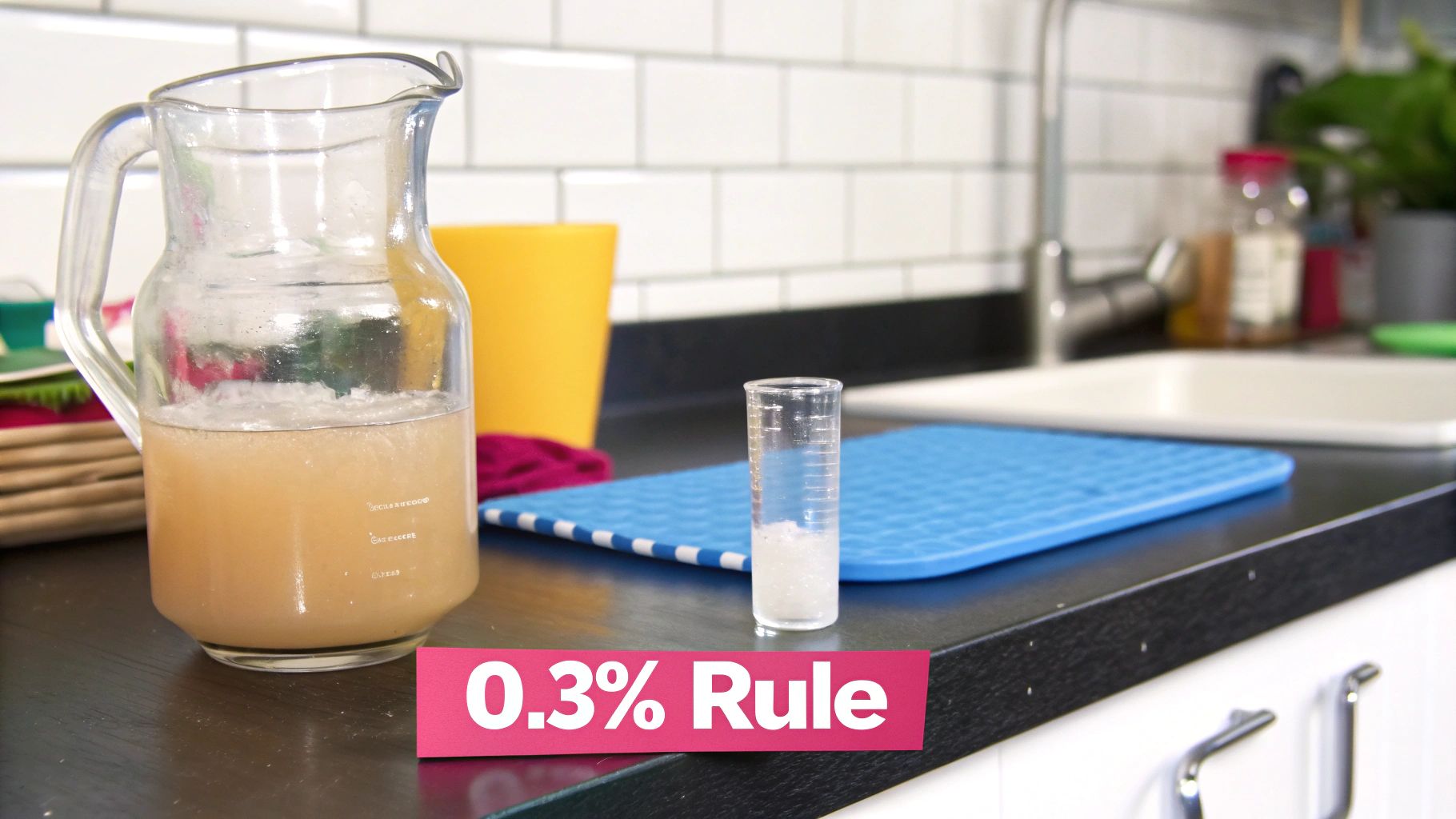 A kitchen counter with a pitcher of liquid, a graduated cylinder, and a '0.3% Rule' overlay.