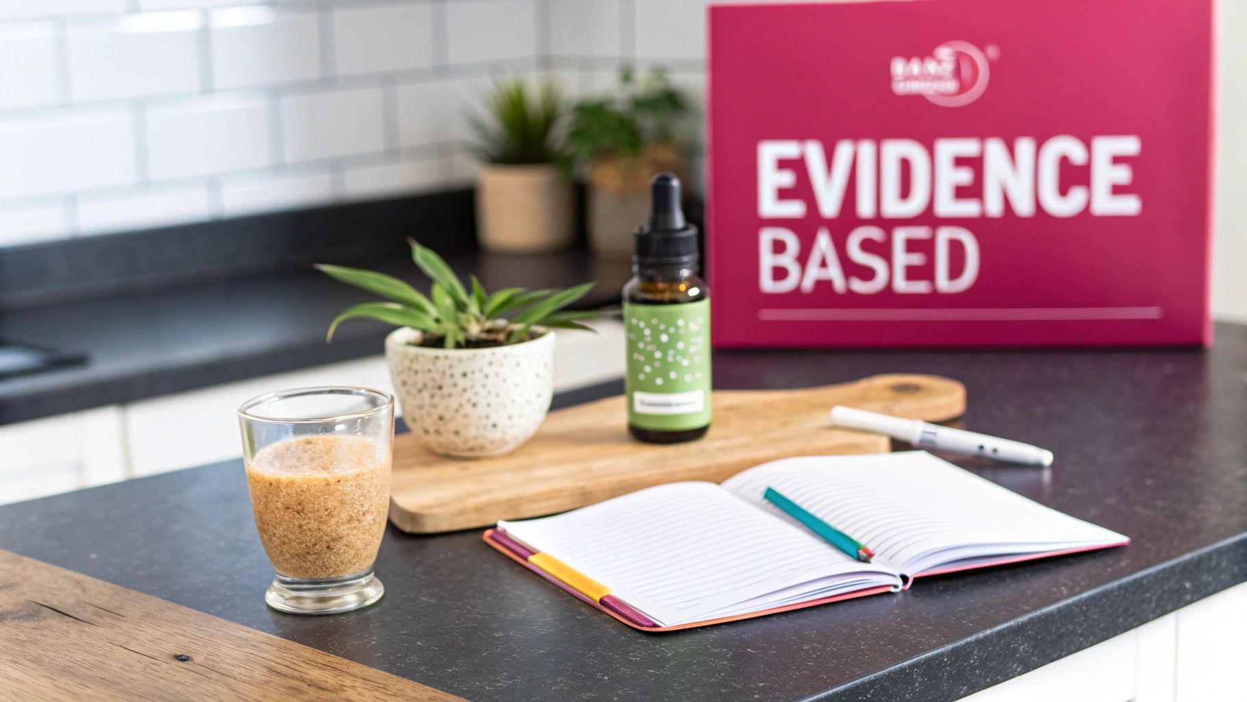 A kitchen counter with a turmeric tincture, healthy drink, open notebook, and "Evidence Based" box.