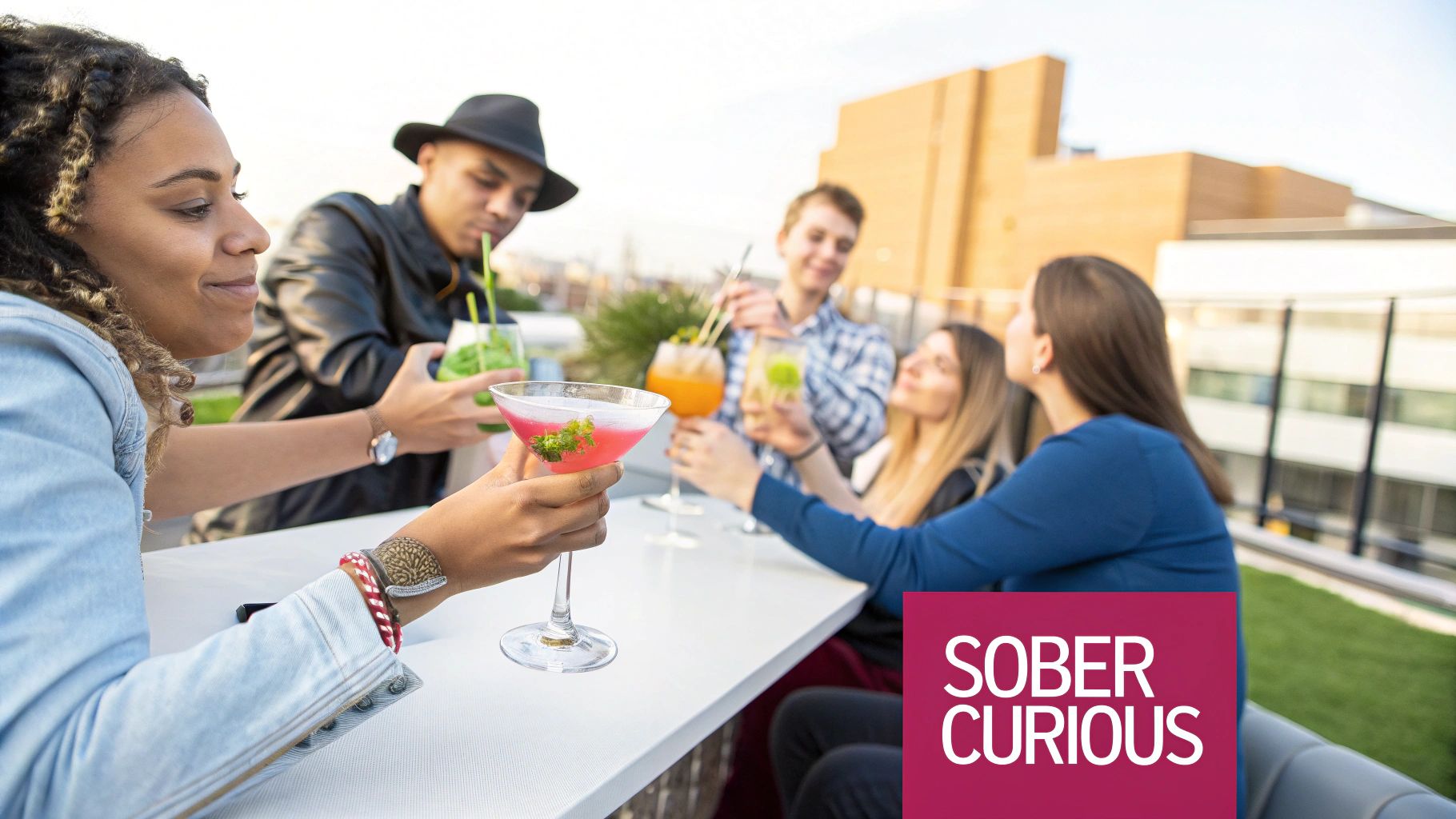 A diverse group of friends on a rooftop enjoying non-alcoholic cocktails, with 'SOBER CURIOUS' text overlay.