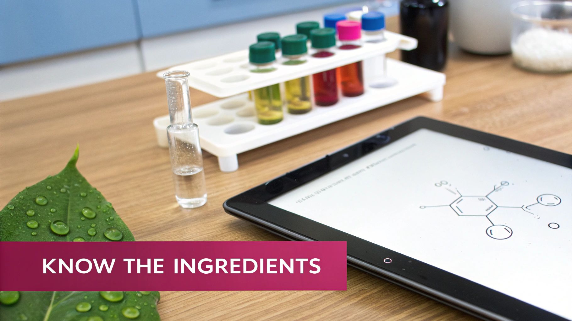 A lab setup with colorful test tubes, a tablet showing a chemical formula, and a fresh green leaf, highlighting natural ingredient analysis.