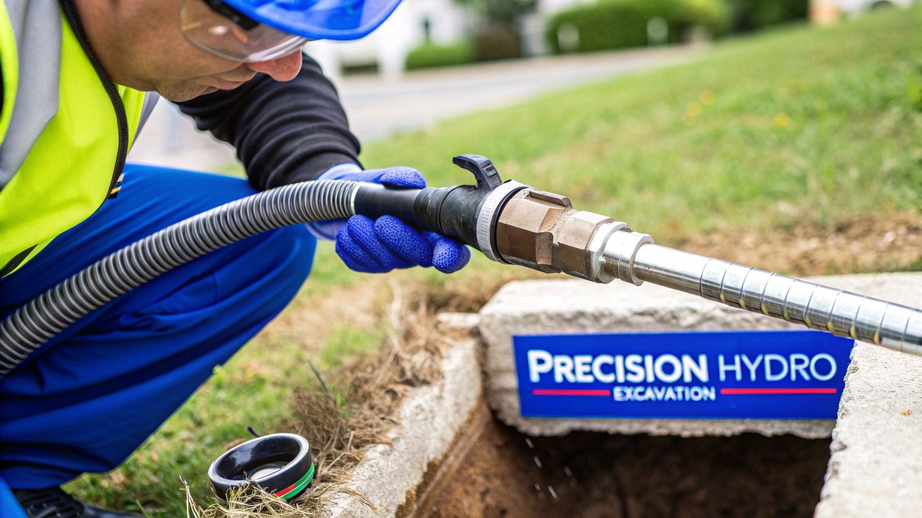 Worker in safety gear connecting a hose, performing hydro excavation with a precision nozzle.