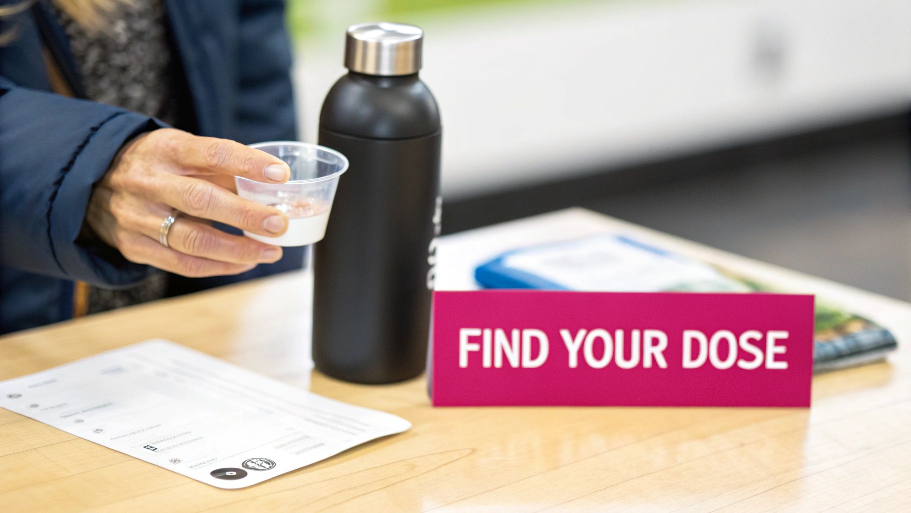 A person's hand holds a small cup with liquid, next to a bottle and a 'FIND YOUR DOSE' sign.