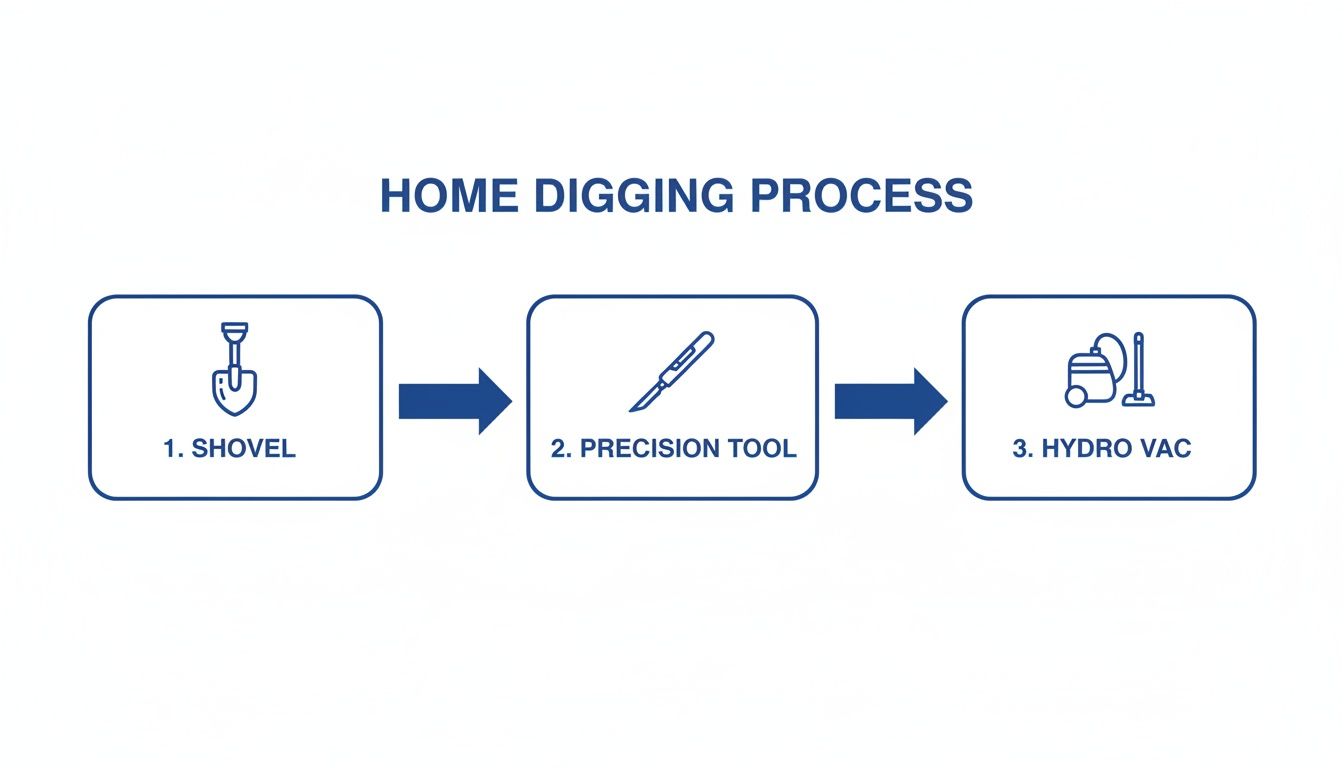 A diagram illustrating the home digging process with three steps: shovel, precision tool, and hydro vac.