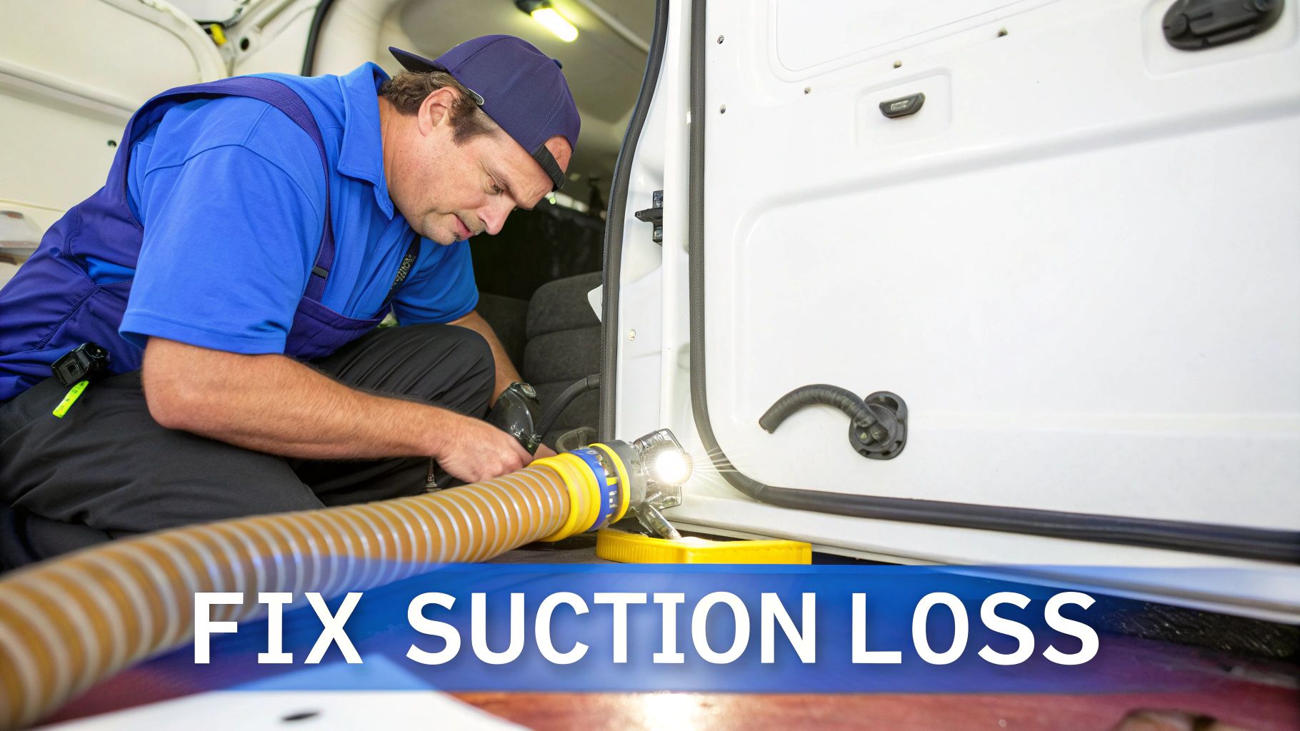 Technician connecting yellow corrugated shop vac hose to RV waste tank outlet for suction service