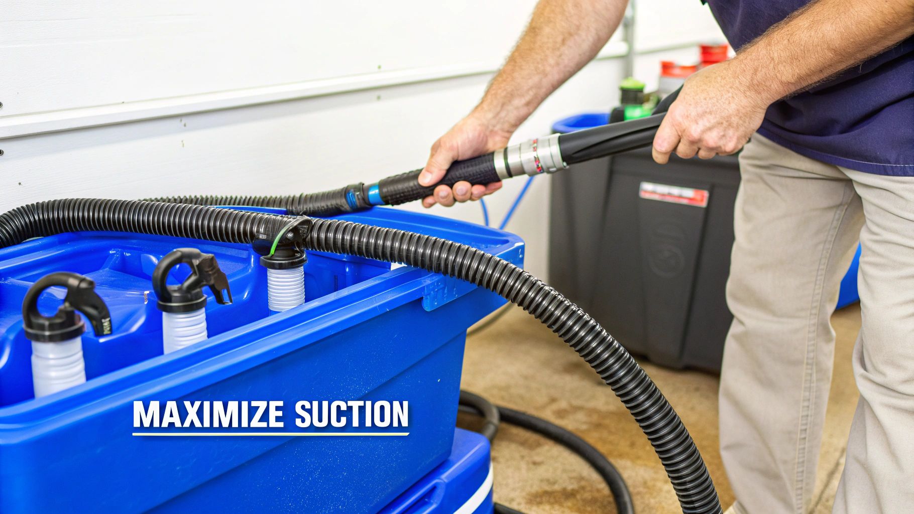 Man holding a heavy-duty suction hose, connecting it to a blue container for water extraction.