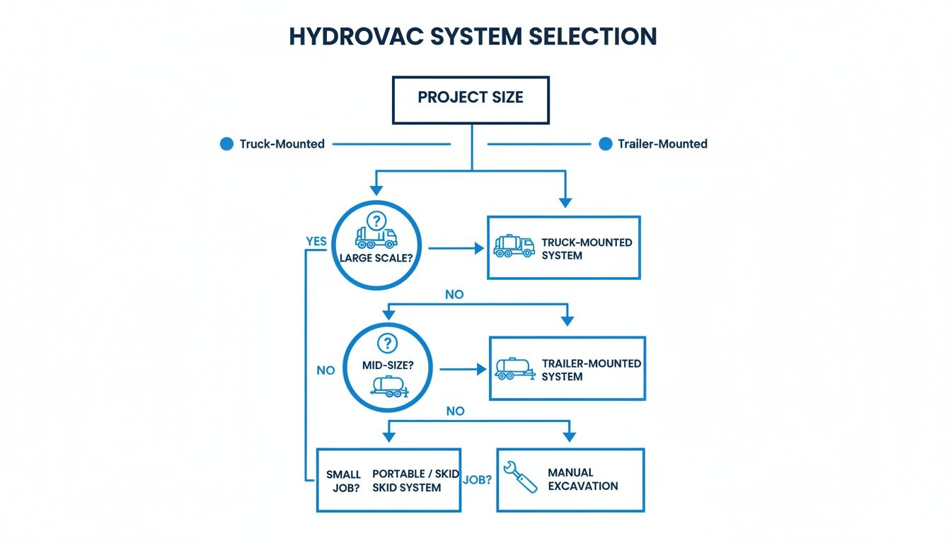 Flowchart detailing hydrovac system selection based on project size, including truck, trailer, portable, and manual options.