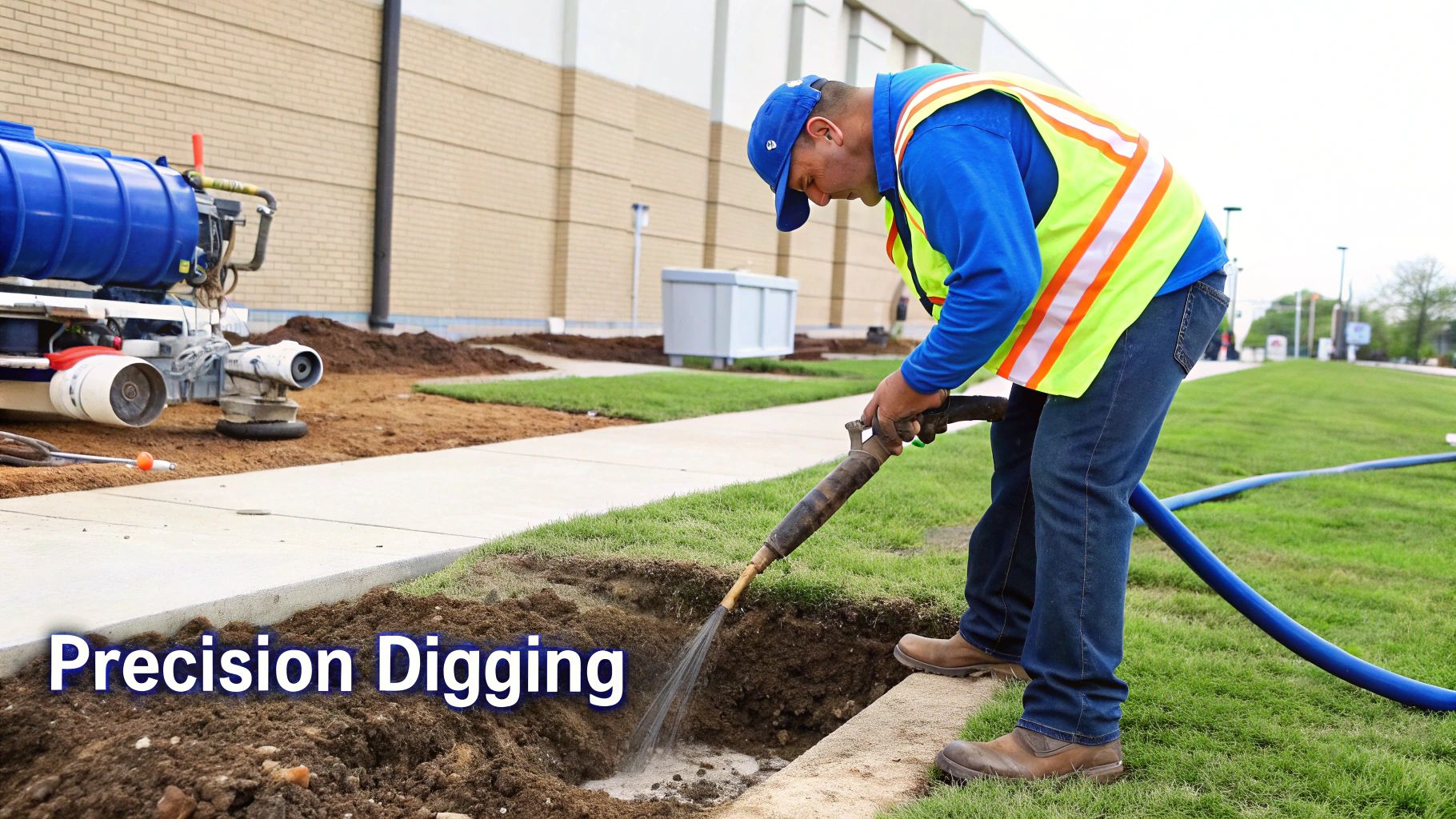 A worker performs hydro excavation, using a water jet to precisely dig a trench near a sidewalk.