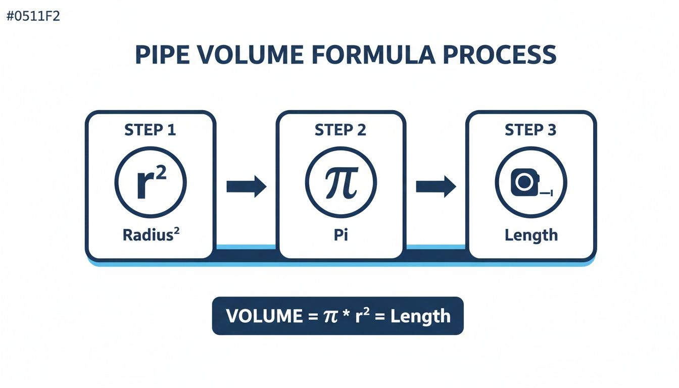 Diagram illustrating the pipe volume formula process with three steps: radius squared, pi, and length.