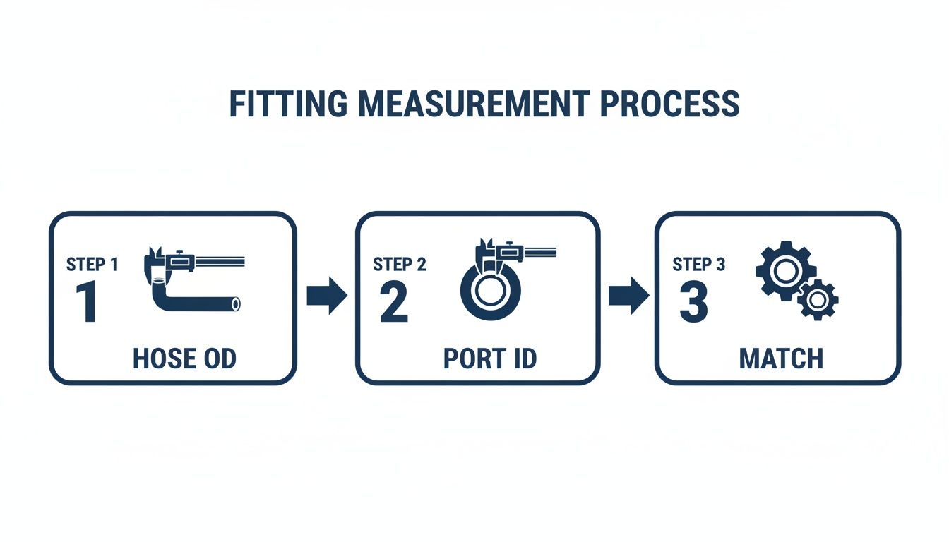Diagram illustrating a three-step fitting measurement process: measuring hose OD, port ID, and then matching them.