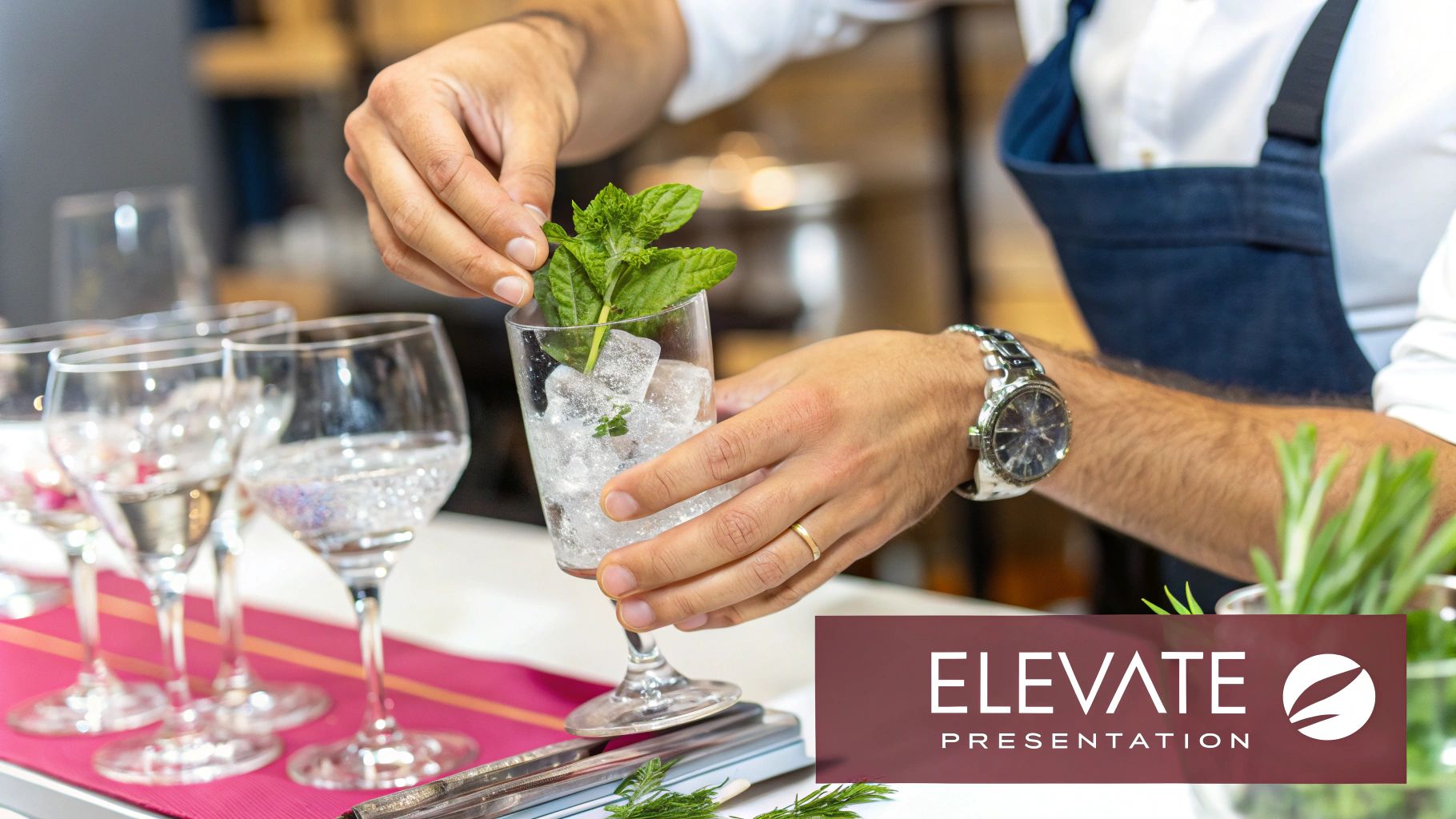 A person's hands garnishing a glass of iced drink with fresh mint, a bartender preparing a cocktail.