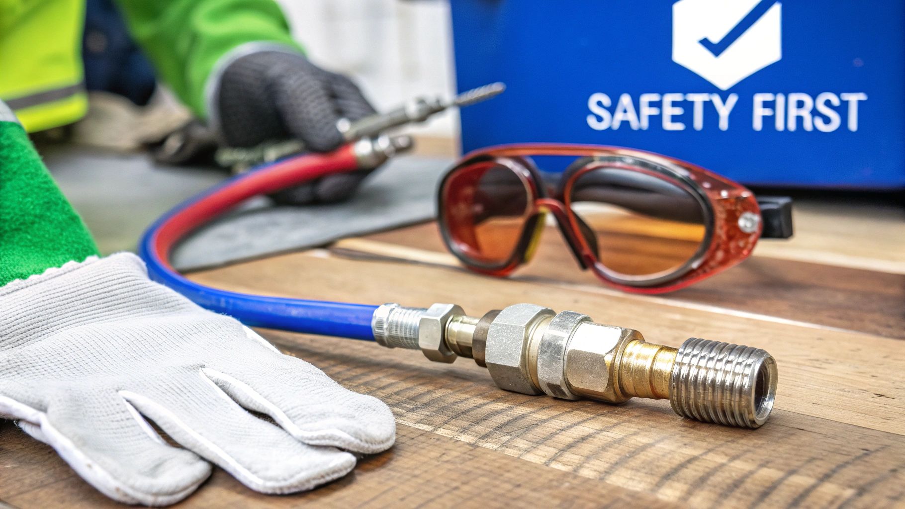 Various safety tools, an air hose, and a 'SAFETY FIRST' sign on a wooden workbench.