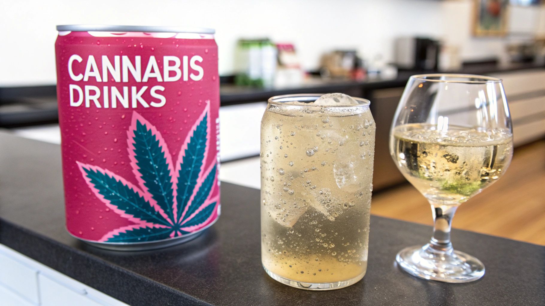 A pink can labeled "CANNABIS DRINKS" with a leaf design, alongside two glasses of sparkling beverages.