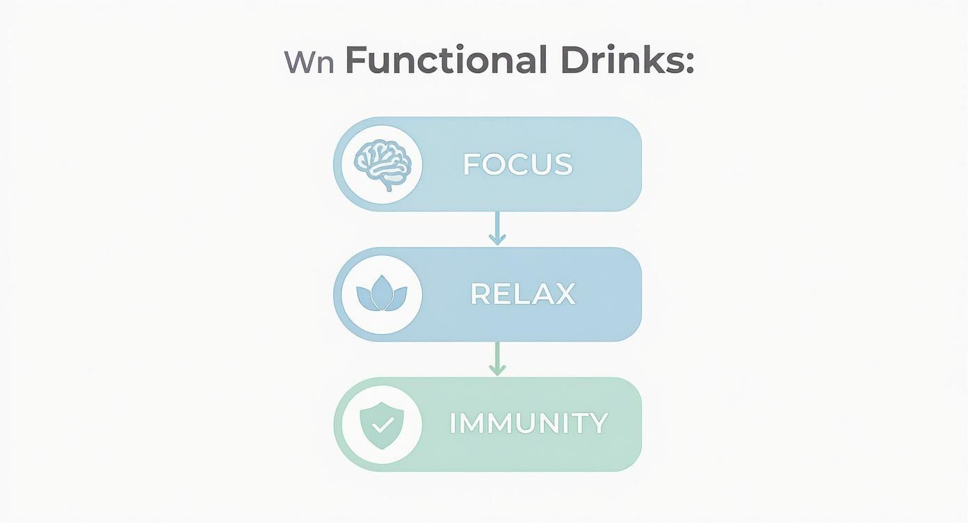 A graphic illustrating Wn Functional Drinks, highlighting benefits like Focus, Relax, and Immunity with corresponding icons.