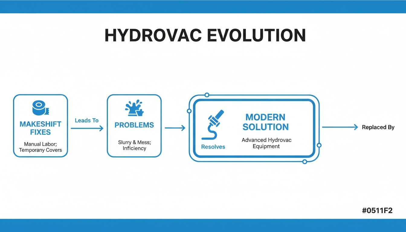 A flowchart detailing hydrovac evolution, moving from makeshift fixes and problems to a modern hydrovac equipment solution.