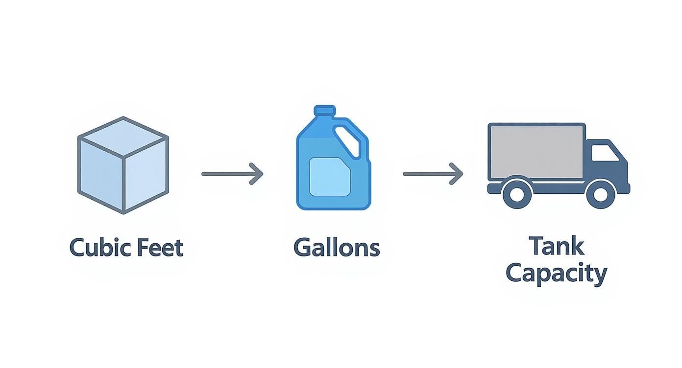 An illustration showing the conversion from Cubic Feet to Gallons to Tank Capacity, represented by a cube, a jug, and a truck.
