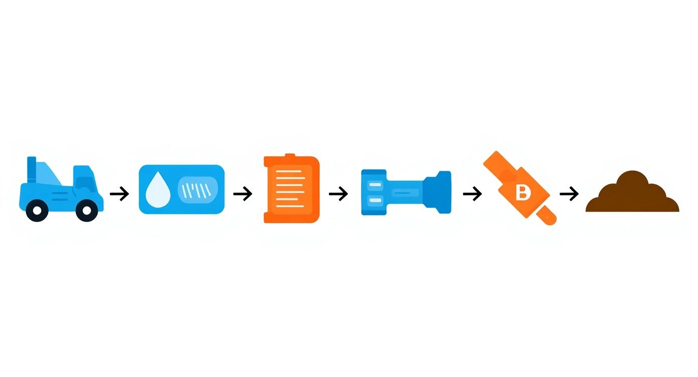 A sequence of icons showing a shop vac, filter, document, attachments, blower, and a pile of debris.
