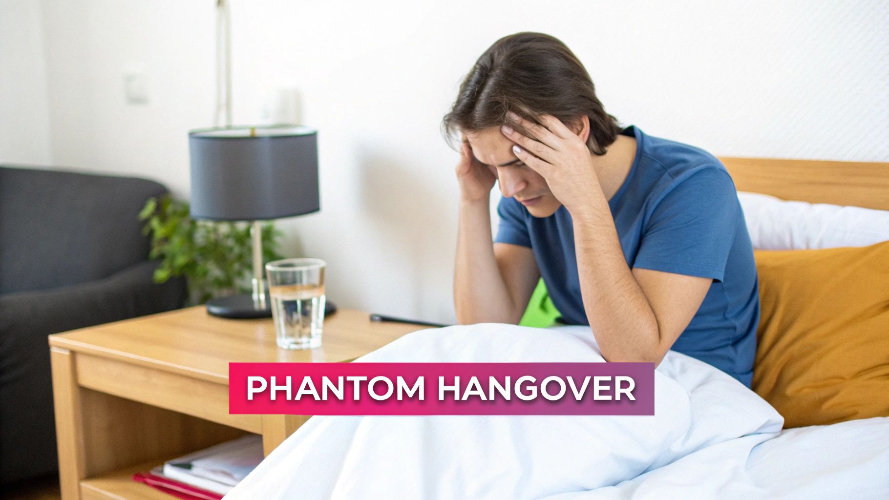 A young man with dark hair sits on a bed, holding his head, looking distressed, with text 'PHANTOM HANGOVER'.